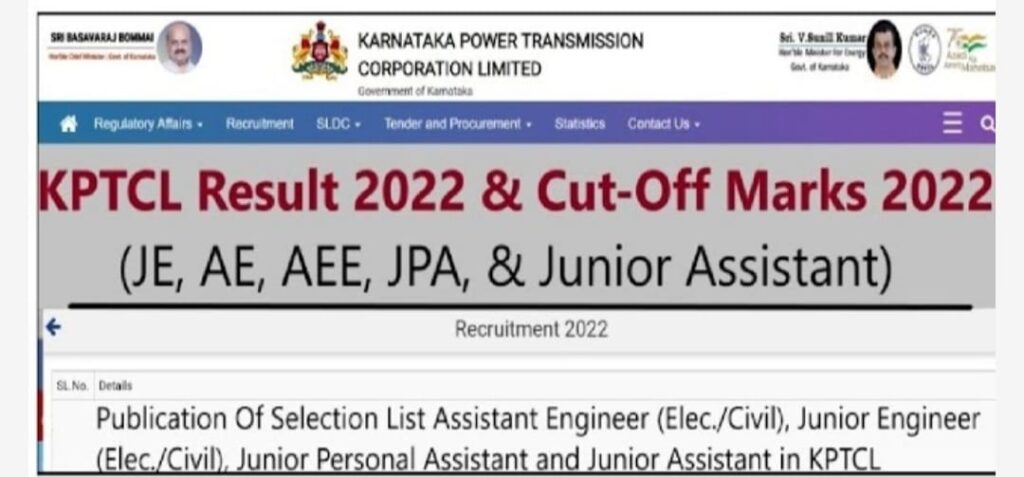 KPTCL Junior Assistant Result 2022