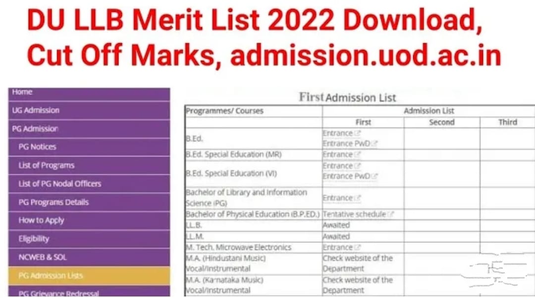 DU LLB Merit List 2022 Download, Cut Off Marks, admission.uod.ac.in
