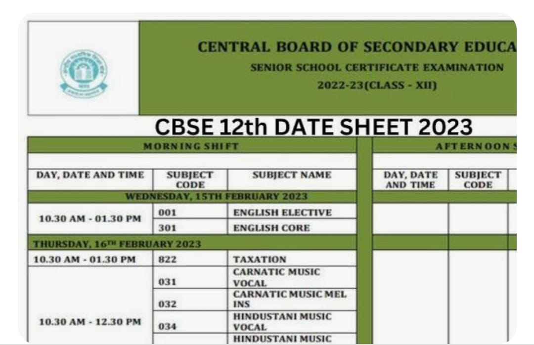 CBSE 12th Date Sheet 2023 – Direct Link Class 12 Exam Dates @www.cbse.gov.in